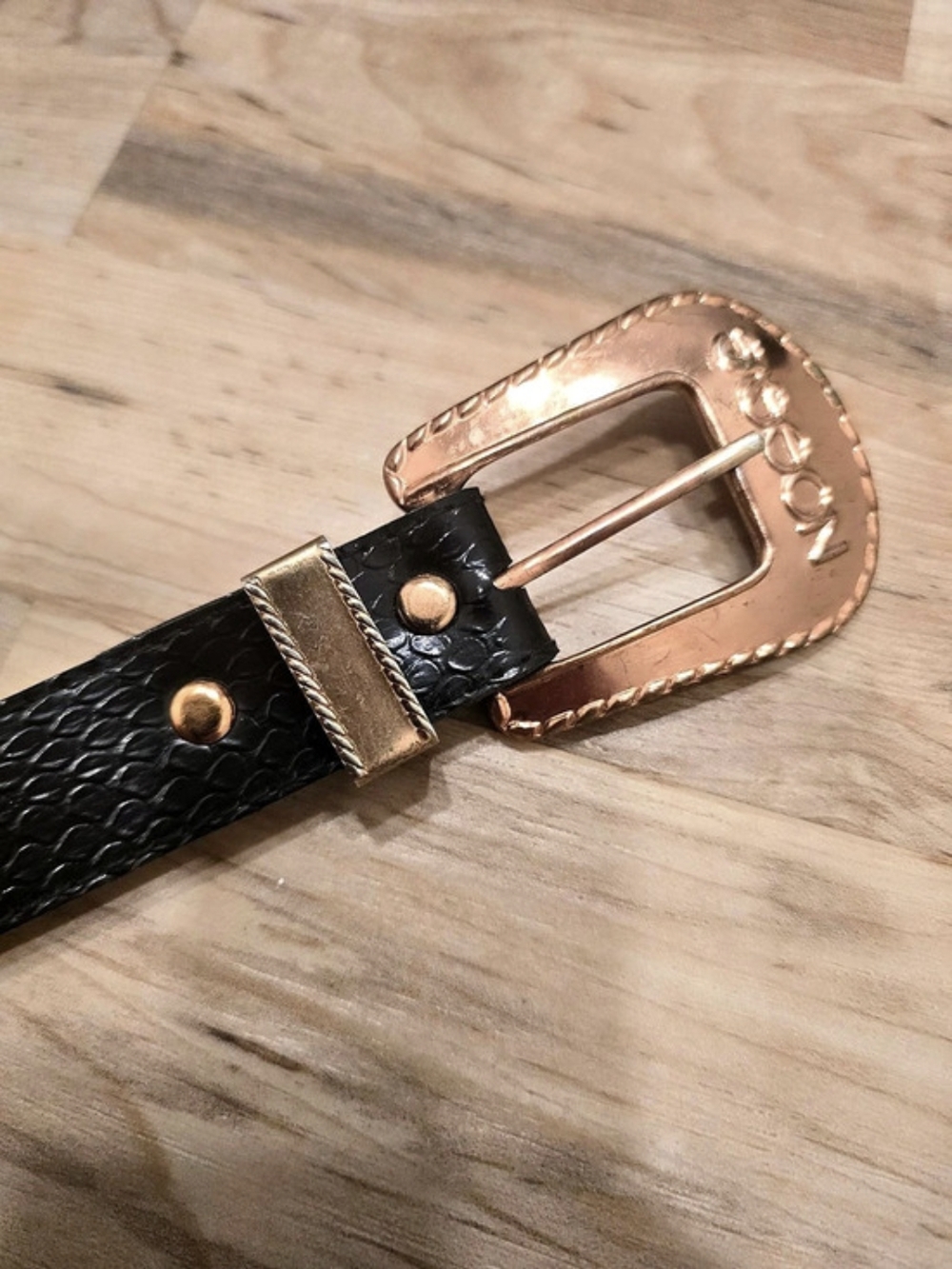 Vintage 80s 90s Black Faux Snakeskin Western Skinny Belt Copper Nocona Hardware
